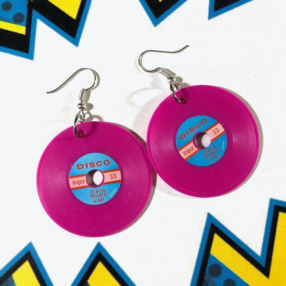 Vintage disco record charm earrings magenta